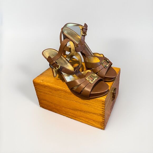 Marc Fisher‎ Leather Pumps Gold Accent  8M 3.5” Heals Strappy Wooden Heals - Picture 2 of 11